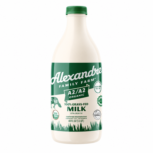 Alexandre Family Farm 100% Grass-Fed Organic A2/A2 Milk glass bottle